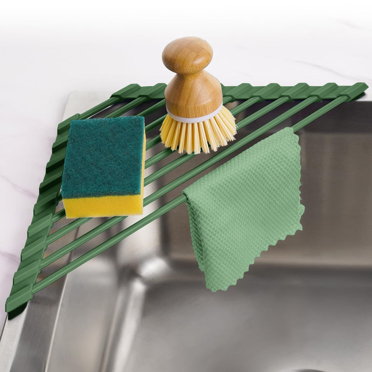 Tomorotec triangle roll-up dish rack over-sink in army green demonstrating space-saving corner fit