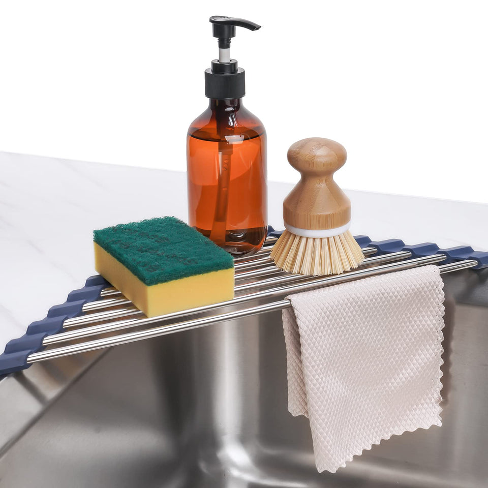 Tomorotec triangle roll-up dish rack fits sink corner, saving counter space while drying small items.