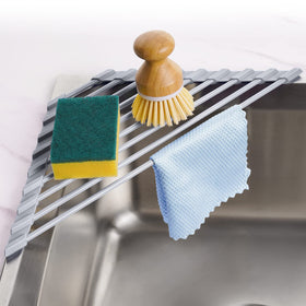 Tomorotec triangle roll-up rack deployed over the sink saves counter space