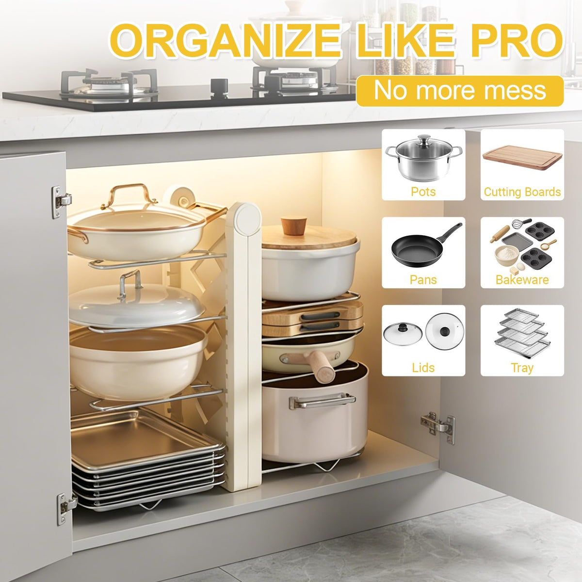 Adjustable dividers for pots, pans, and lids keeps items organized