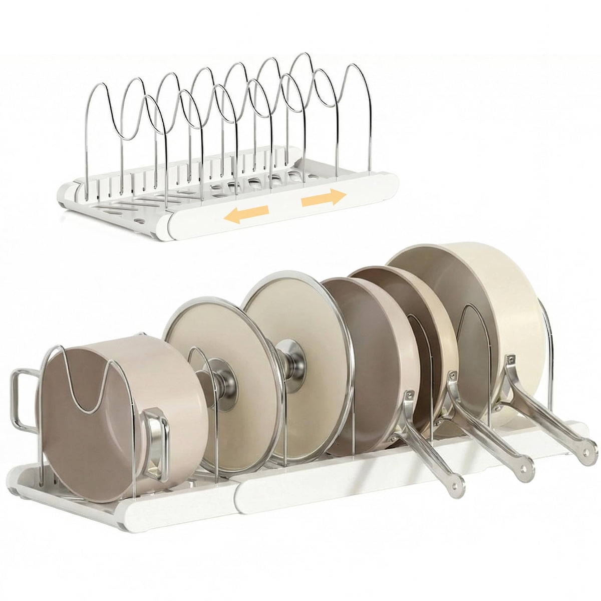 TOMSHUB expandable organizer base assembly keeps pots neatly arranged under the cabinet