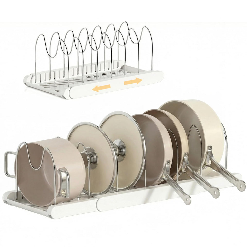 TOMSHUB expandable organizer base assembly keeps pots neatly arranged under the cabinet