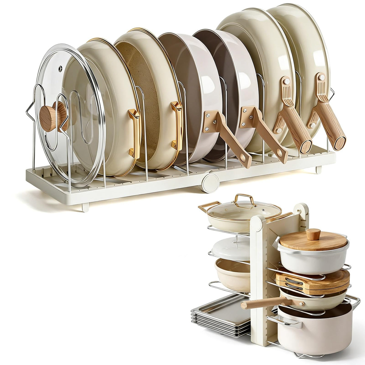 TOMSHUB foldable pots and pans organizer expanded layout for easy cookware access