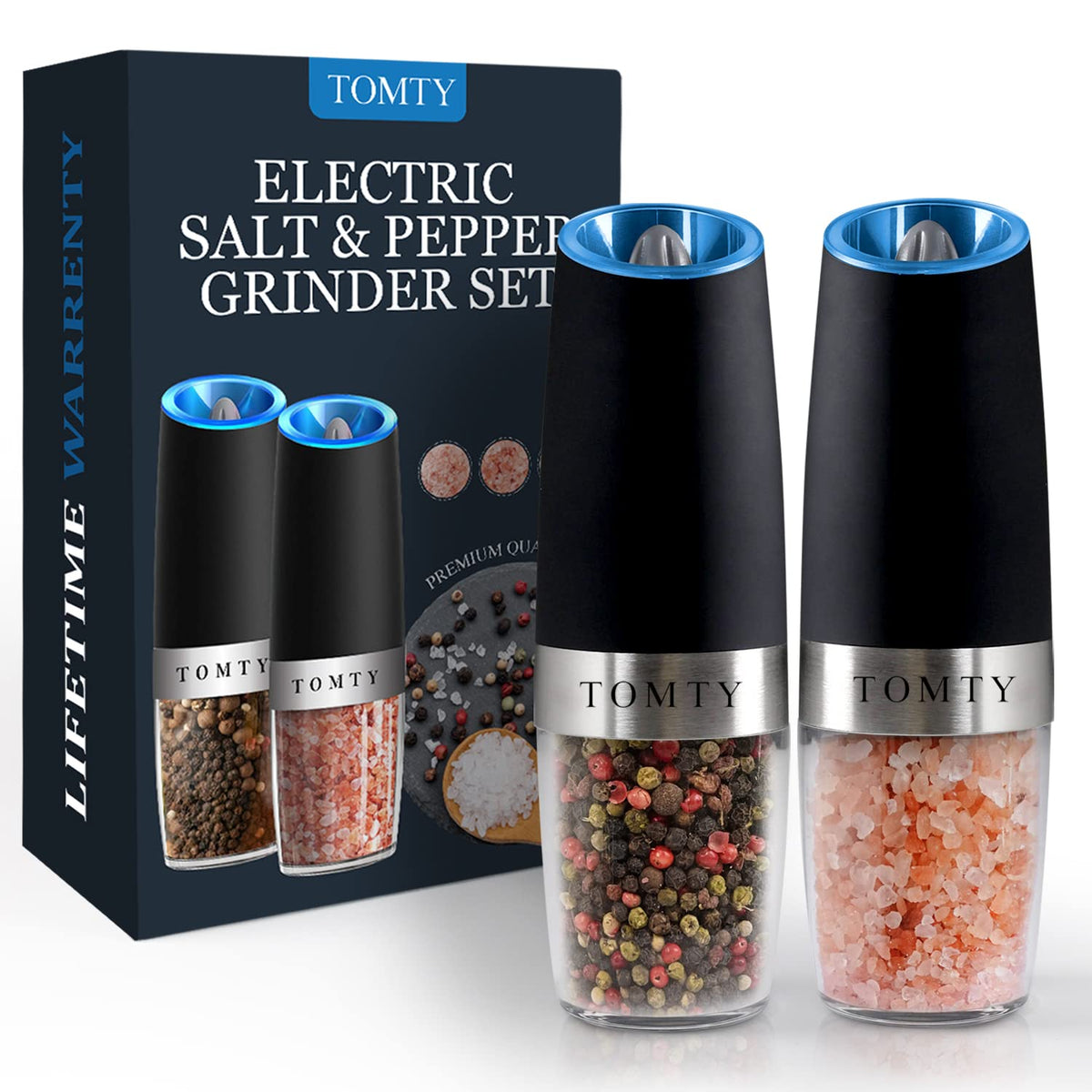 TOMTY Gravity grinder set overview shows modern kitchen accessory for effortless seasoning.