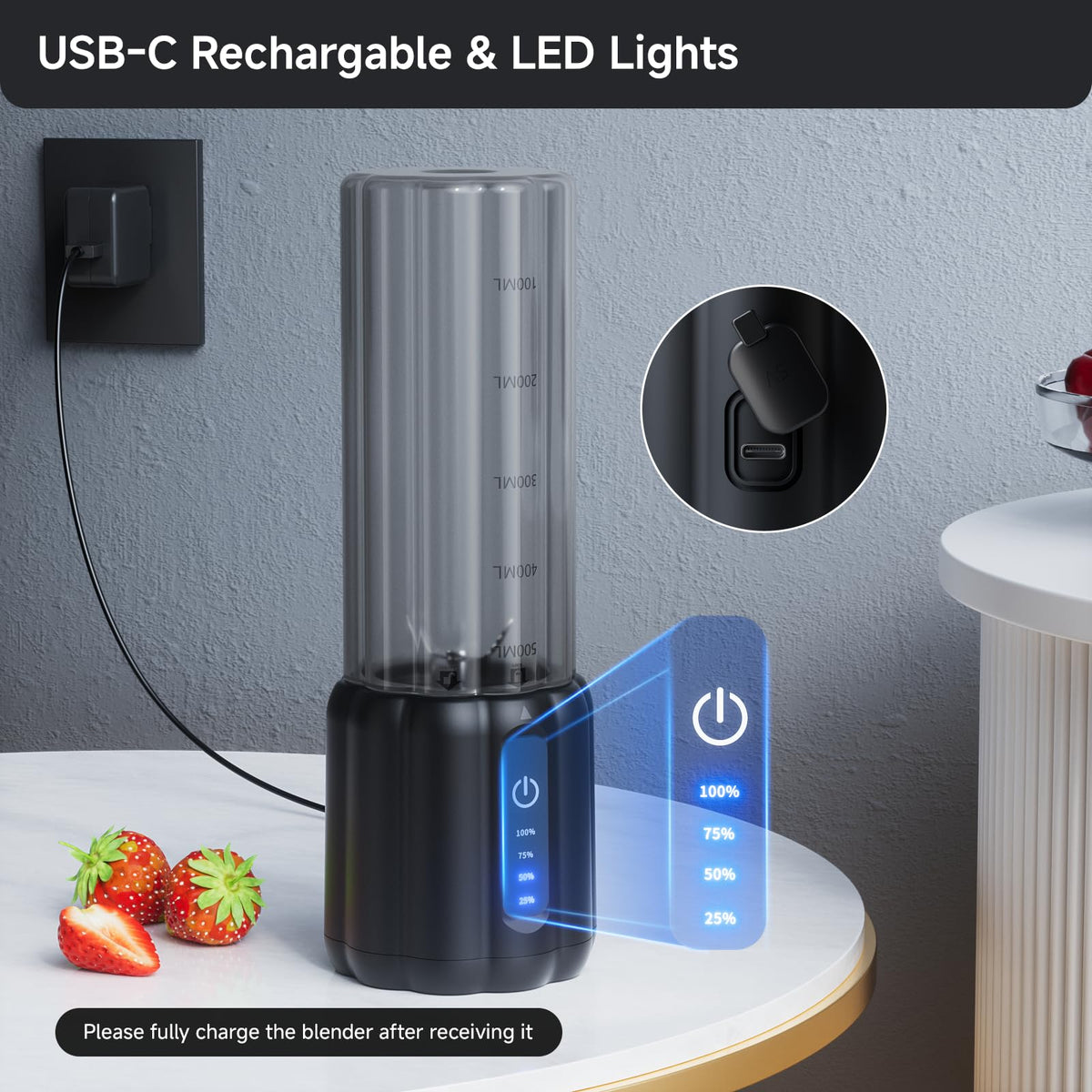 TOMUOO LED power display shows charge level on the blender
