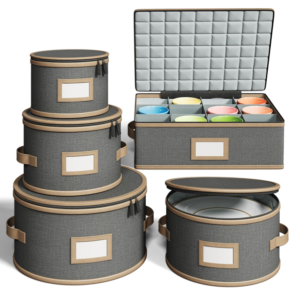 TomVista hard-shell china storage containers with plate sections protecting dinnerware during moves