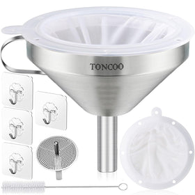 Toncoo 5-inch funnel with strainer for easy pouring.