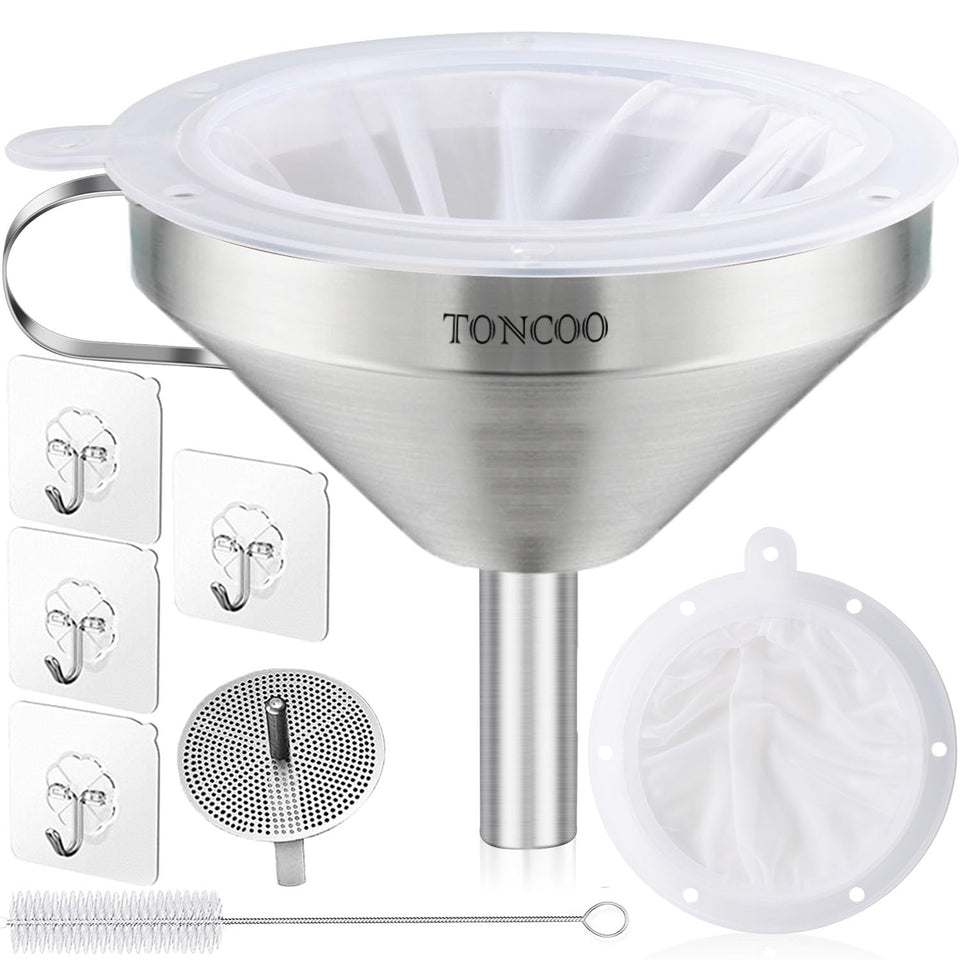 Toncoo 5-inch funnel with strainer for easy pouring.