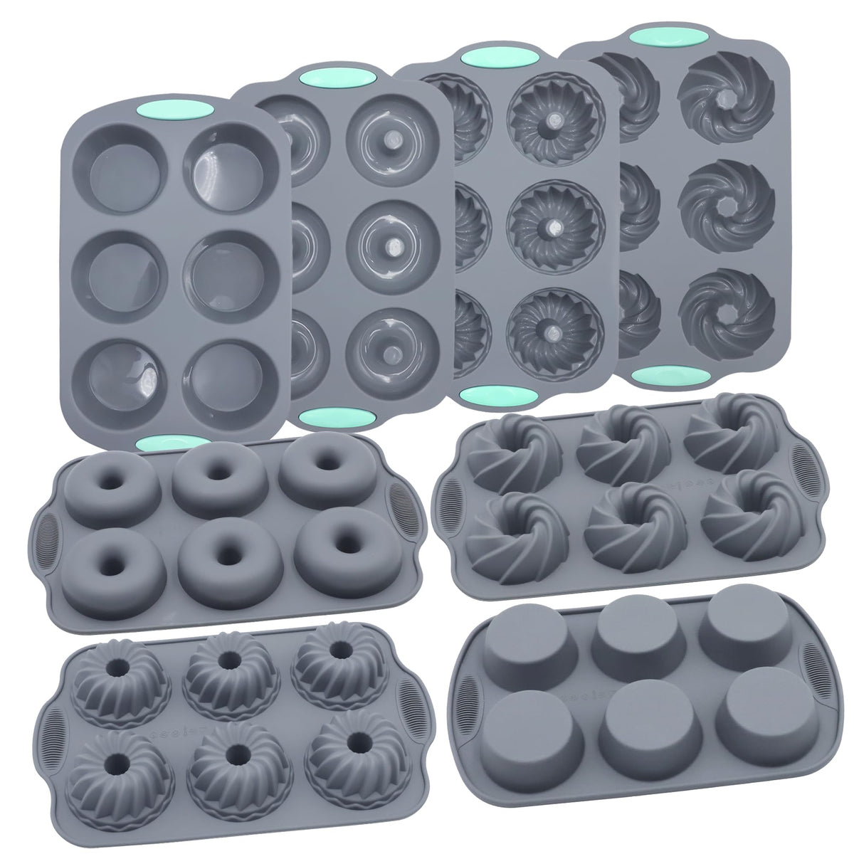 Tongjude 8-piece silicone donut pans for easy release and even baking.