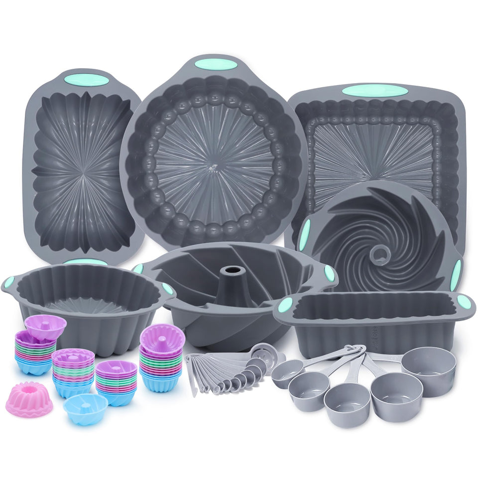 Tongjude silicone bakeware front view showing 72-piece set in grey for versatile baking