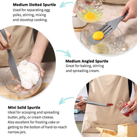 Tongjude silicone spurtle set acts as an egg separator.