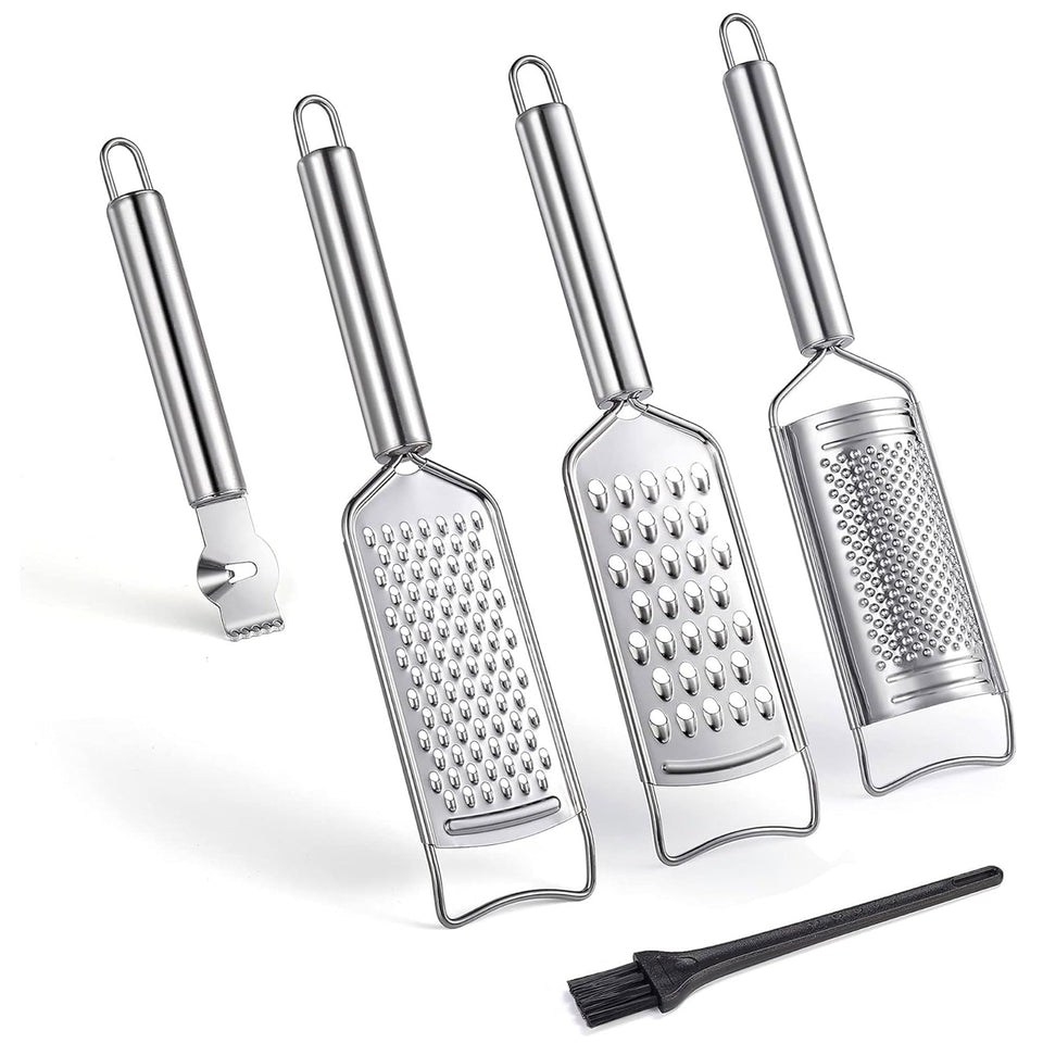 Tongjude stainless steel cheese grater set hero image shows versatile 5-piece kit