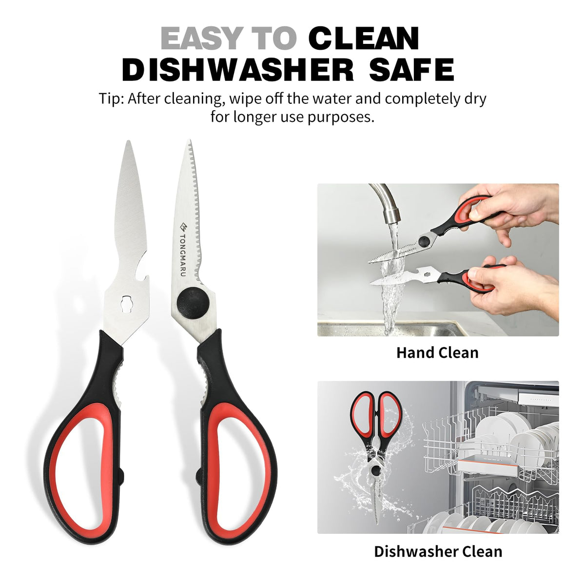 Tongmaru kitchen shears showing detachable handles for comfortable grip during prep.