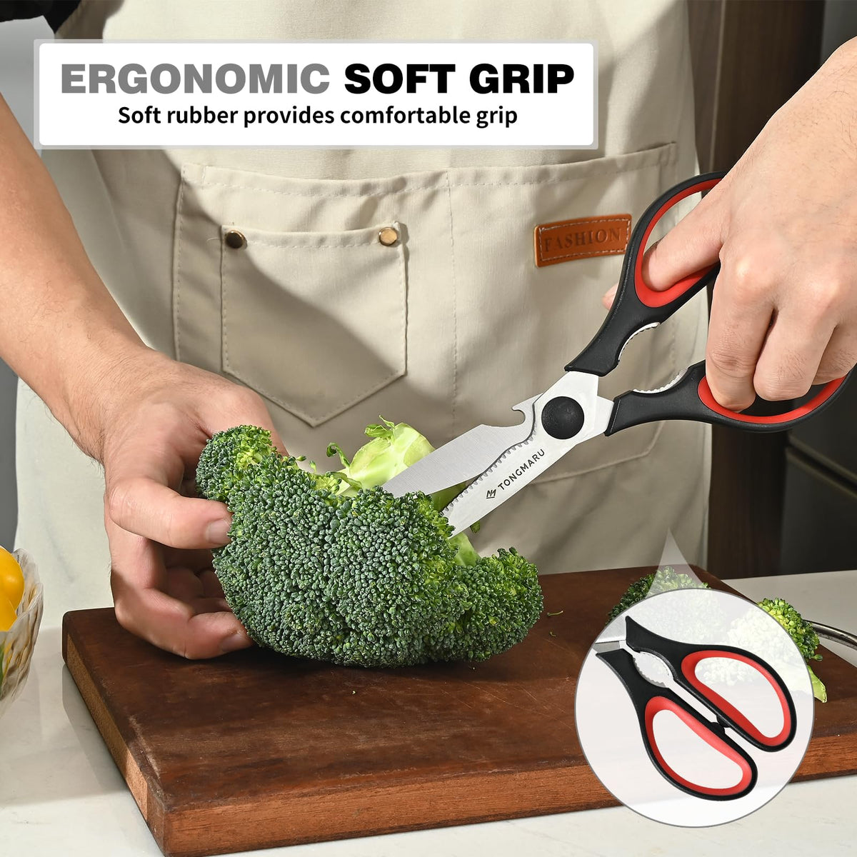 Tongmaru multi-use kitchen shears in use for poultry, herbs, and more.