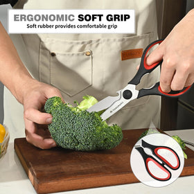 Tongmaru multi-use kitchen shears in use for poultry, herbs, and more.