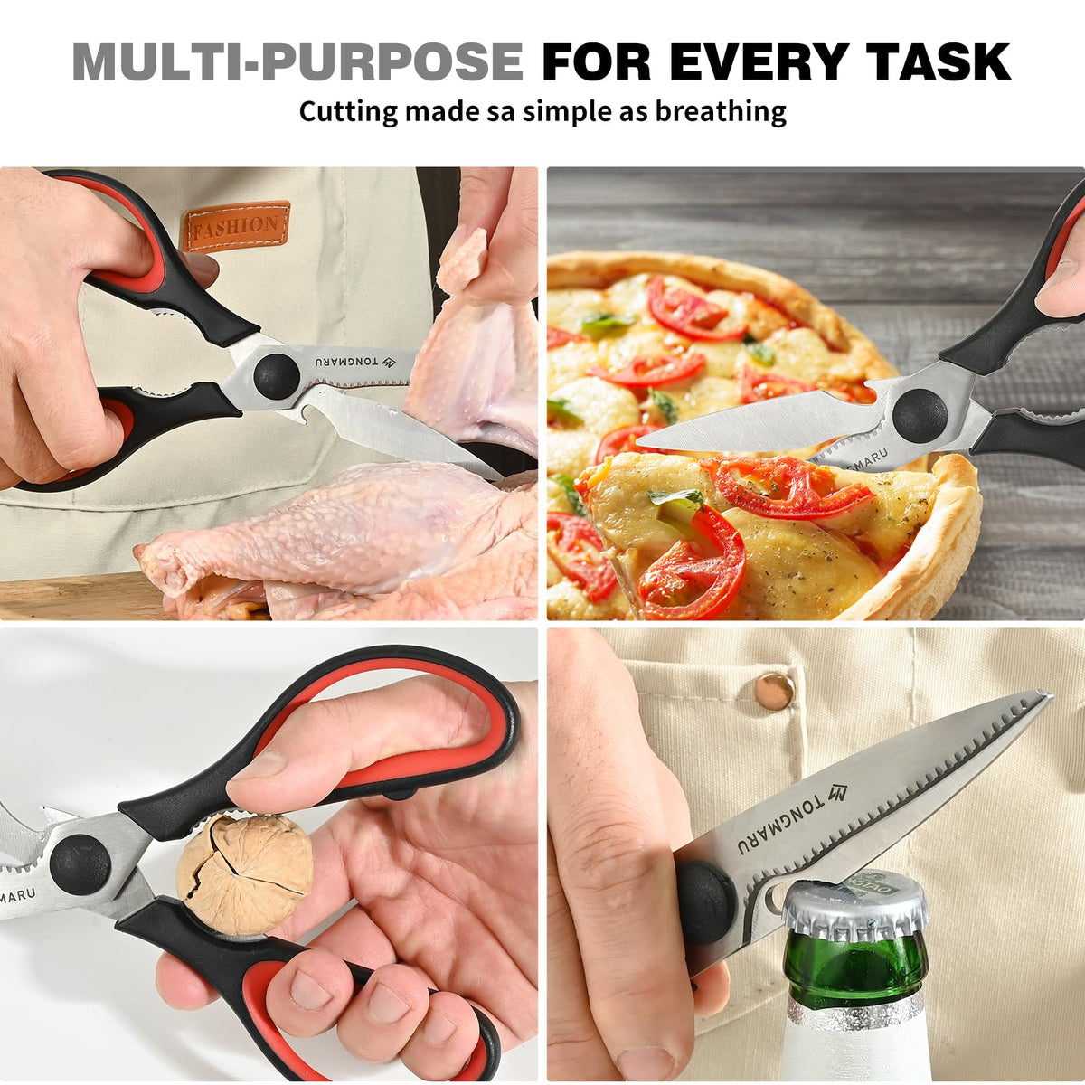 Tongmaru rust-resistant kitchen shears cutting through meat and vegetables.