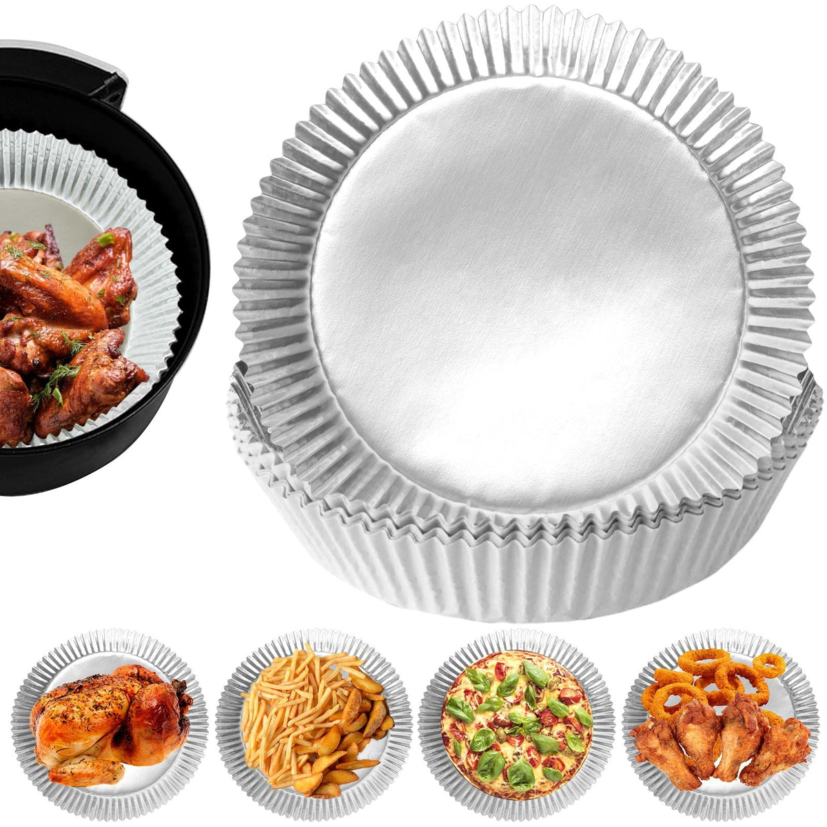Tonmom aluminum foil air fryer liners in a 100-pack for mess-free cooking.