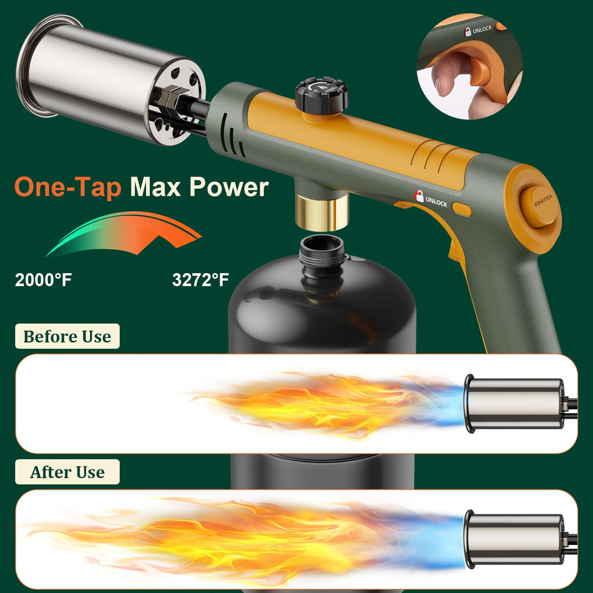 TONYFUL torch with adjustable flame knob enables precise searing and caramelizing