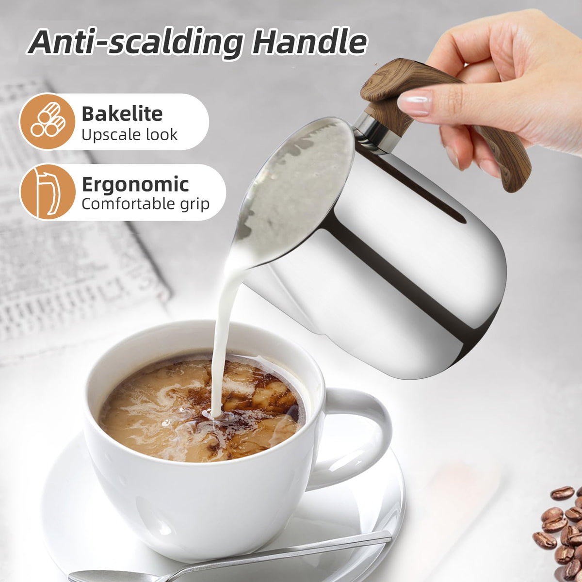 TooCust espresso milk pitcher with anti-scald handle for comfortable foaming