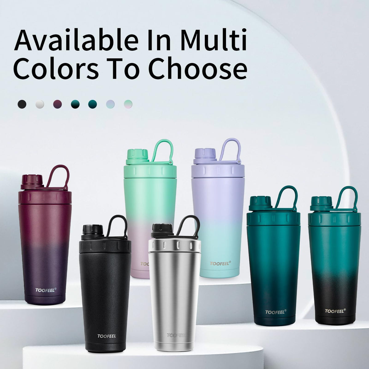 TOOFEEL BPA-free shaker with easy-carry strap for on-the-go use.
