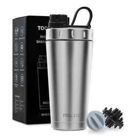 TOOFEEL protein shaker bottle 20oz with insulated steel keeps drinks cold longer.