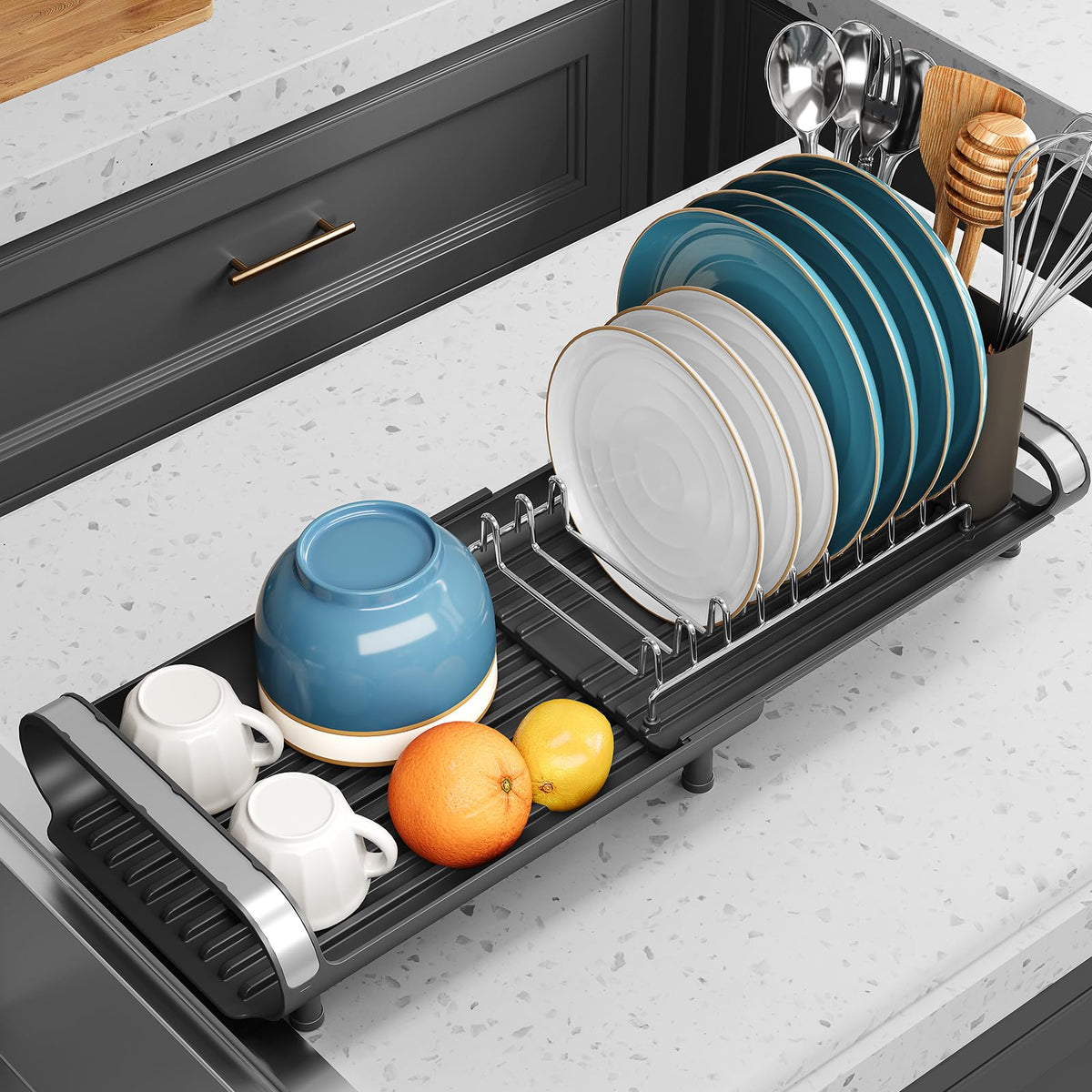 TOOLF black dish drying rack complements modern kitchen