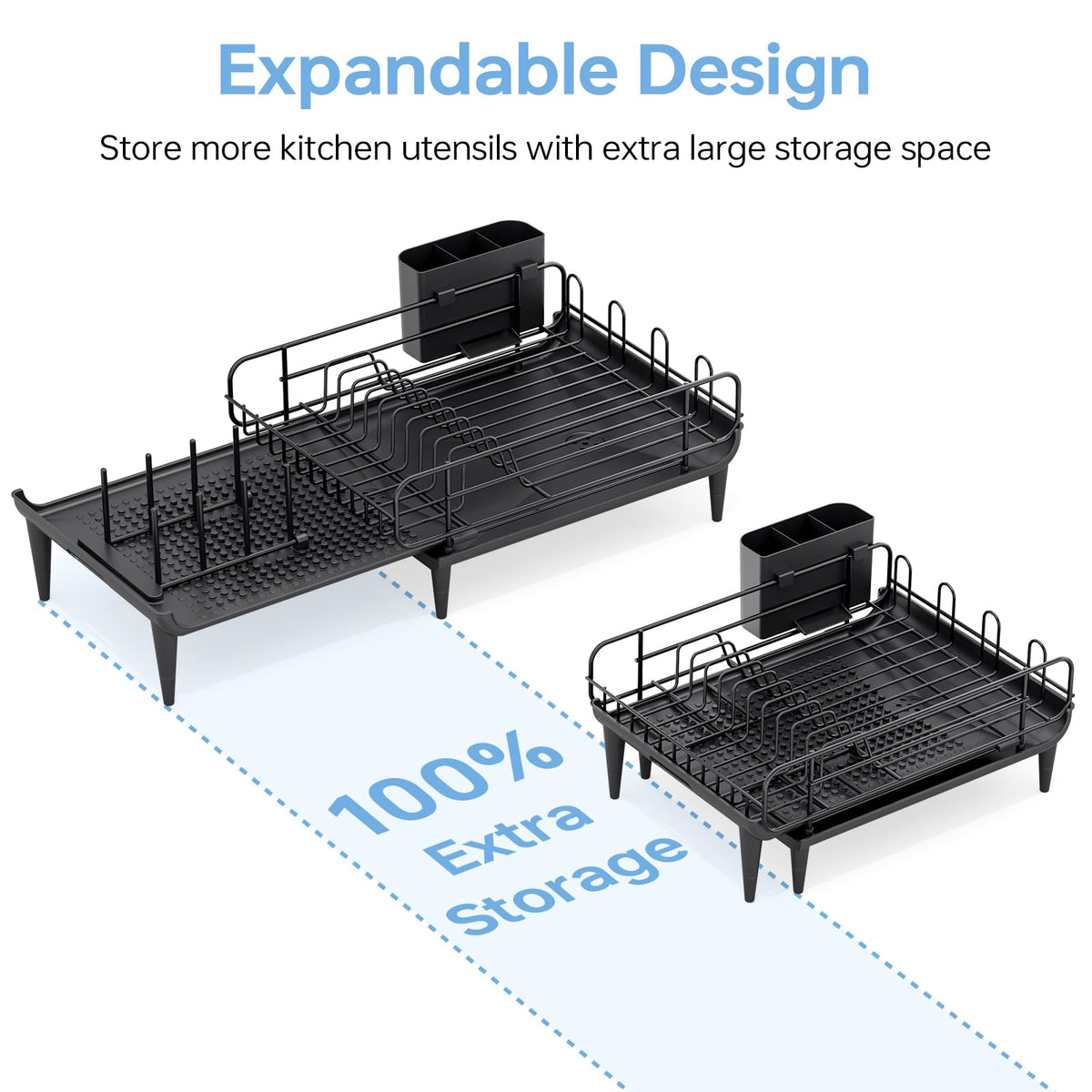 TOOLF dish drying rack adjustable storage flexibly hosts cups, utensils, and tools.