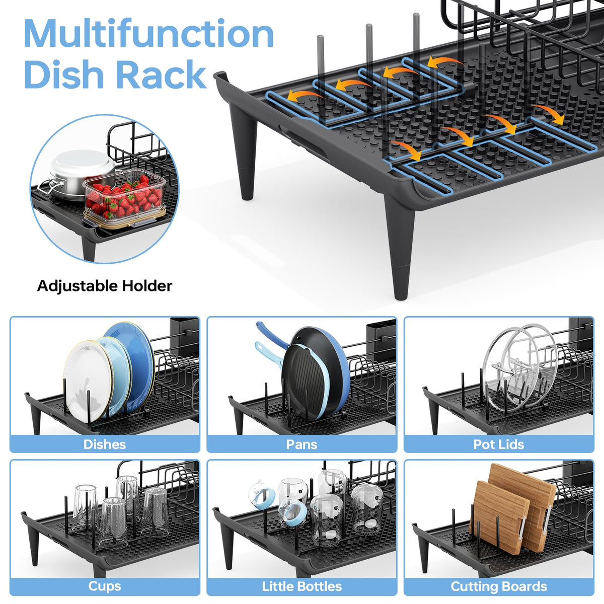 TOOLF dish drying rack with multifunctional holders keeps cups and plates neatly organized.