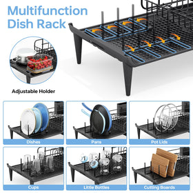 TOOLF dish drying rack with multifunctional holders keeps cups and plates neatly organized.