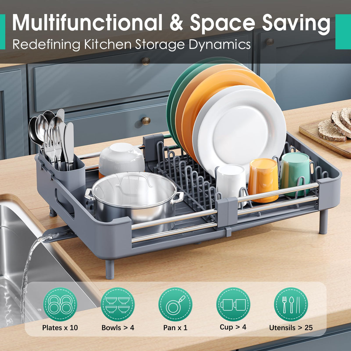 TOOLF dish drying rack holding plates and bowls neatly to save space
