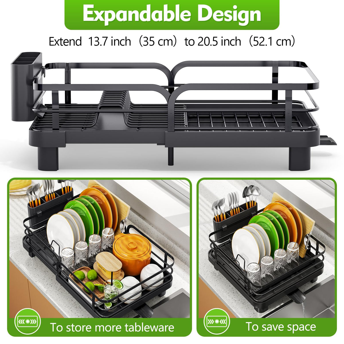 TOOLF dish rack with high feet elevates above the sink for clean drainage