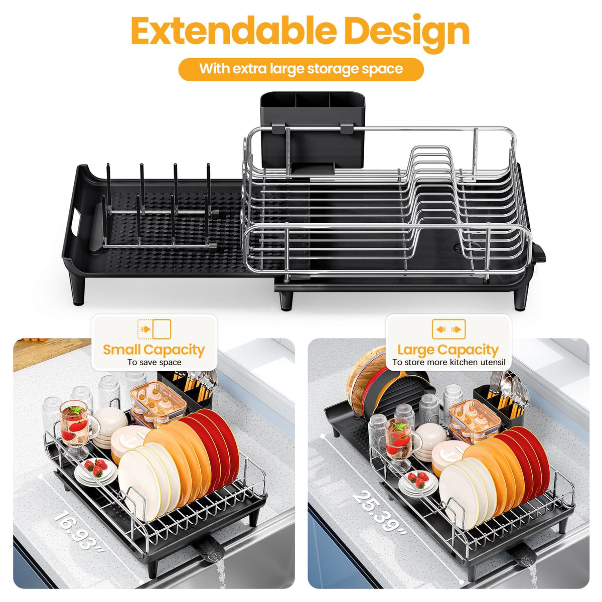 TOOLF dish rack with cutlery holder keeps forks and spoons organized.