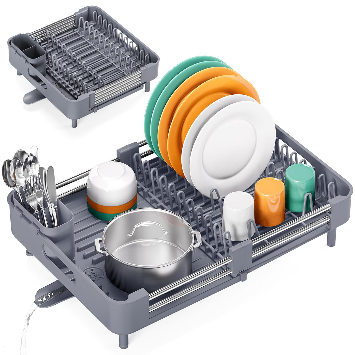 TOOLF expandable dish drying rack extended on counter for extra drying space