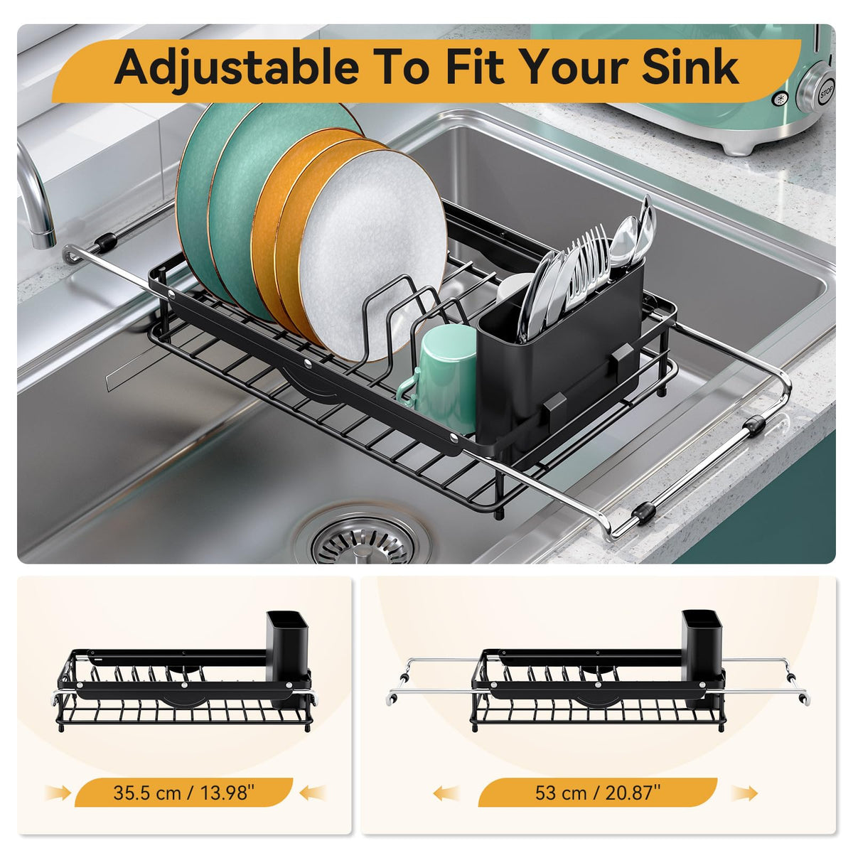 TOOLF expandable rack adapting to sink size range with adjustable bars
