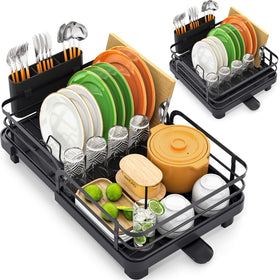 TOOLF expandable dish rack extended on counter for extra drying space