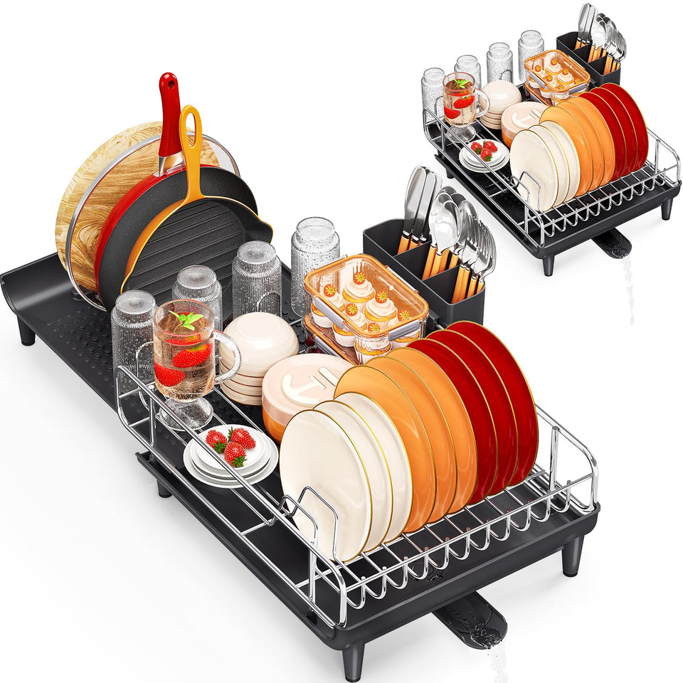 TOOLF expandable dish rack front view showing large capacity for plates and bowls.