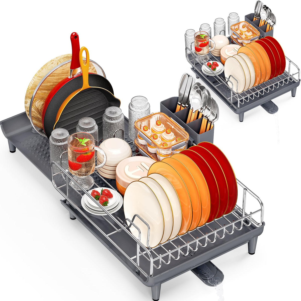 TOOLF Expandable Dish Rack with water drainage keeps countertops dry