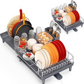 TOOLF Expandable Dish Rack with water drainage keeps countertops dry
