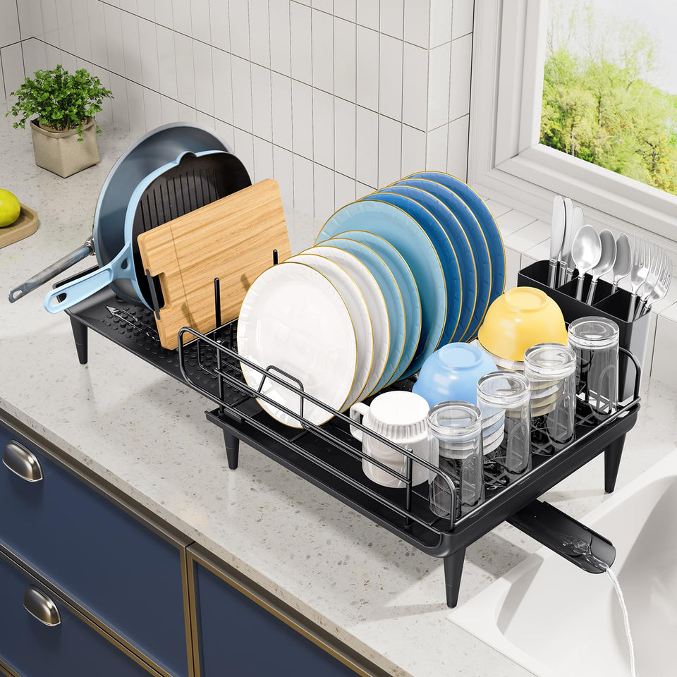 TOOLF large dish drying rack extended for maximum counter space and faster air drying.