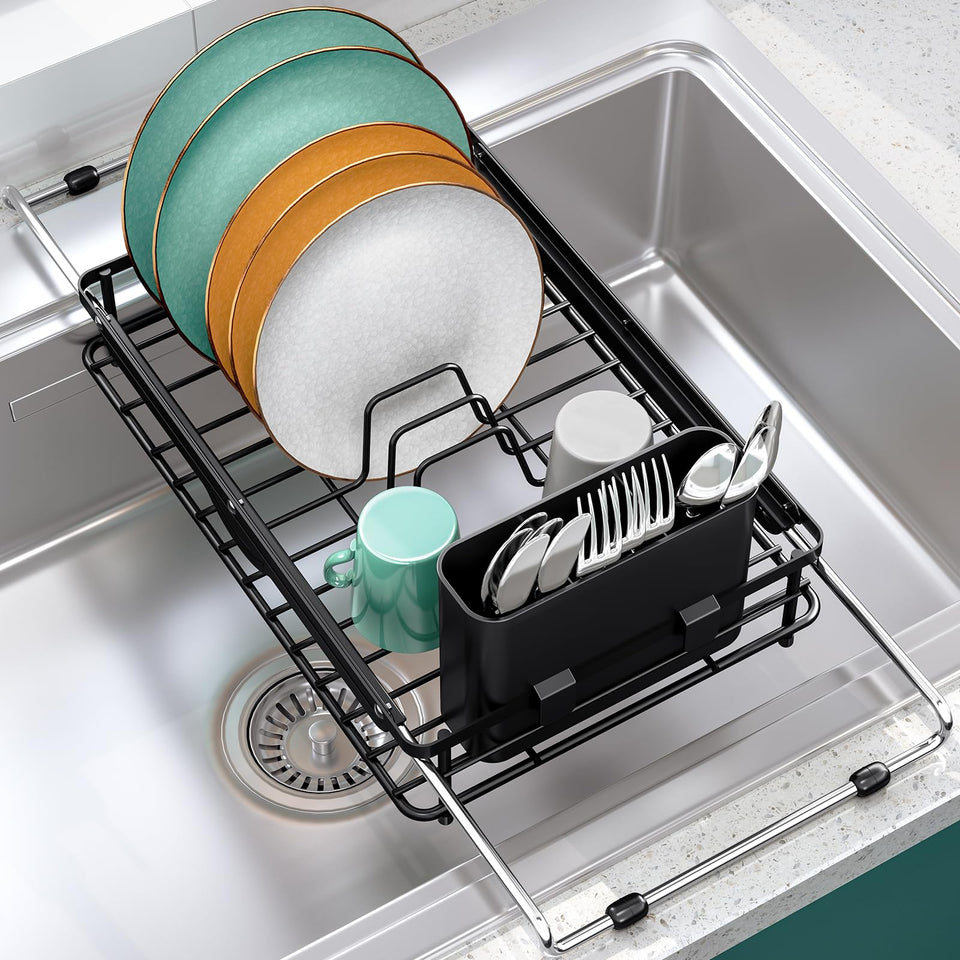 TOOLF over-the-sink rack with extended arms showing expanded fit for larger sinks