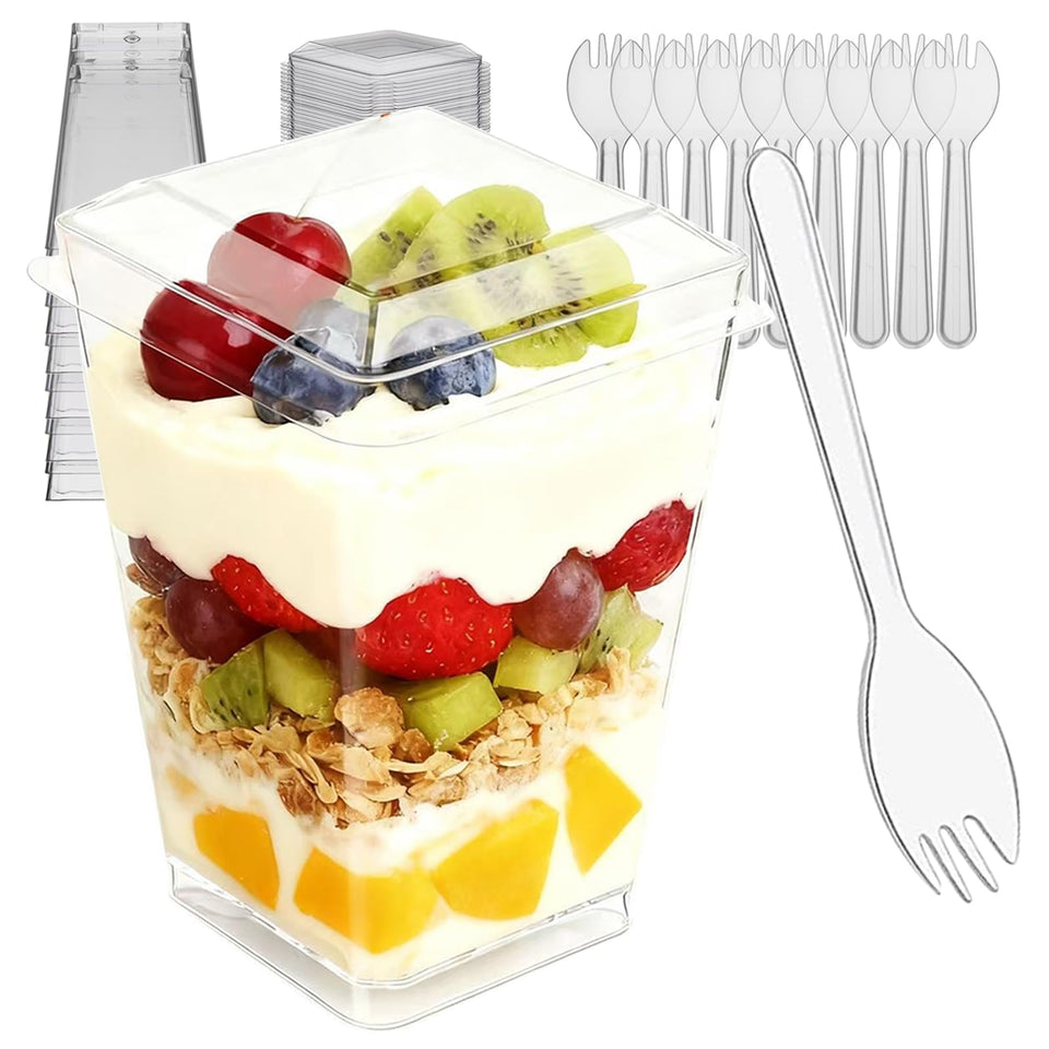 Toowood clear dessert cups with lids and spoons for party servings.