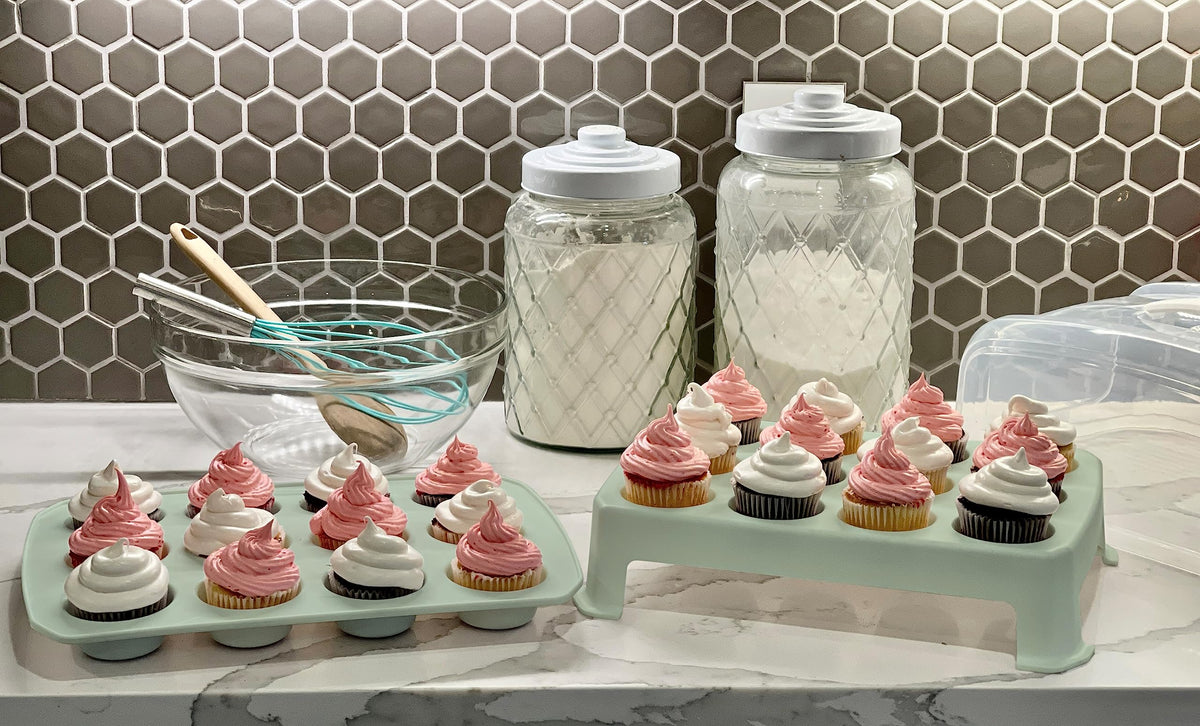 Extra tall lid on Top Shelf Elements cupcake carrier keeps treats upright during travel