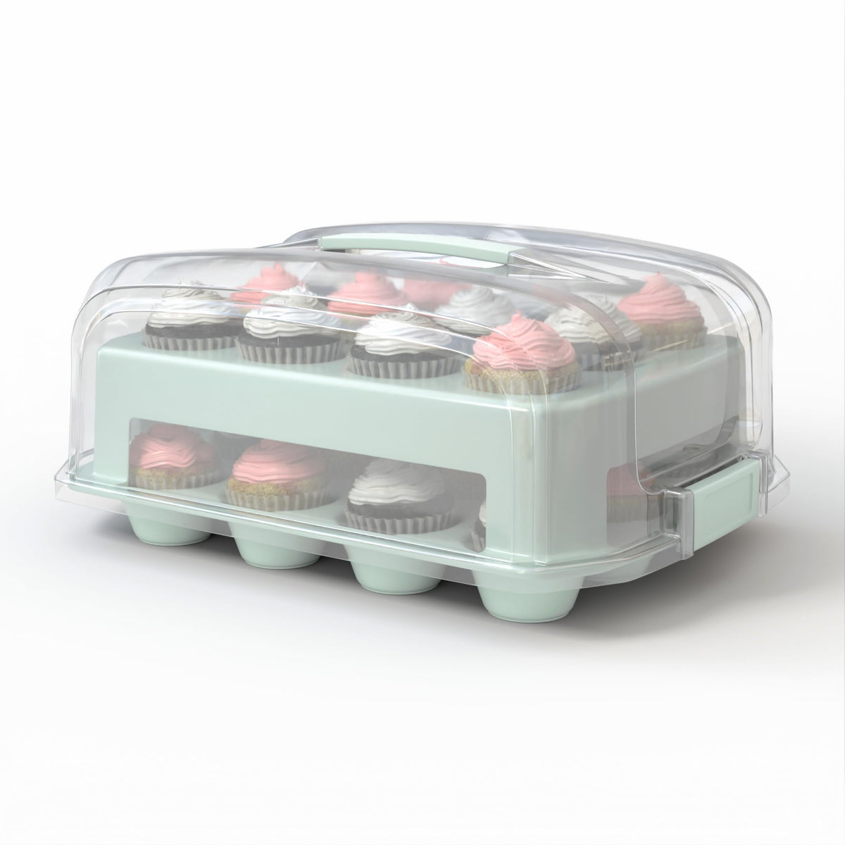 Top Shelf Elements green cupcake carrier showing 24 cupcakes securely prepared for transport