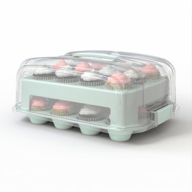 Top Shelf Elements green cupcake carrier showing 24 cupcakes securely prepared for transport