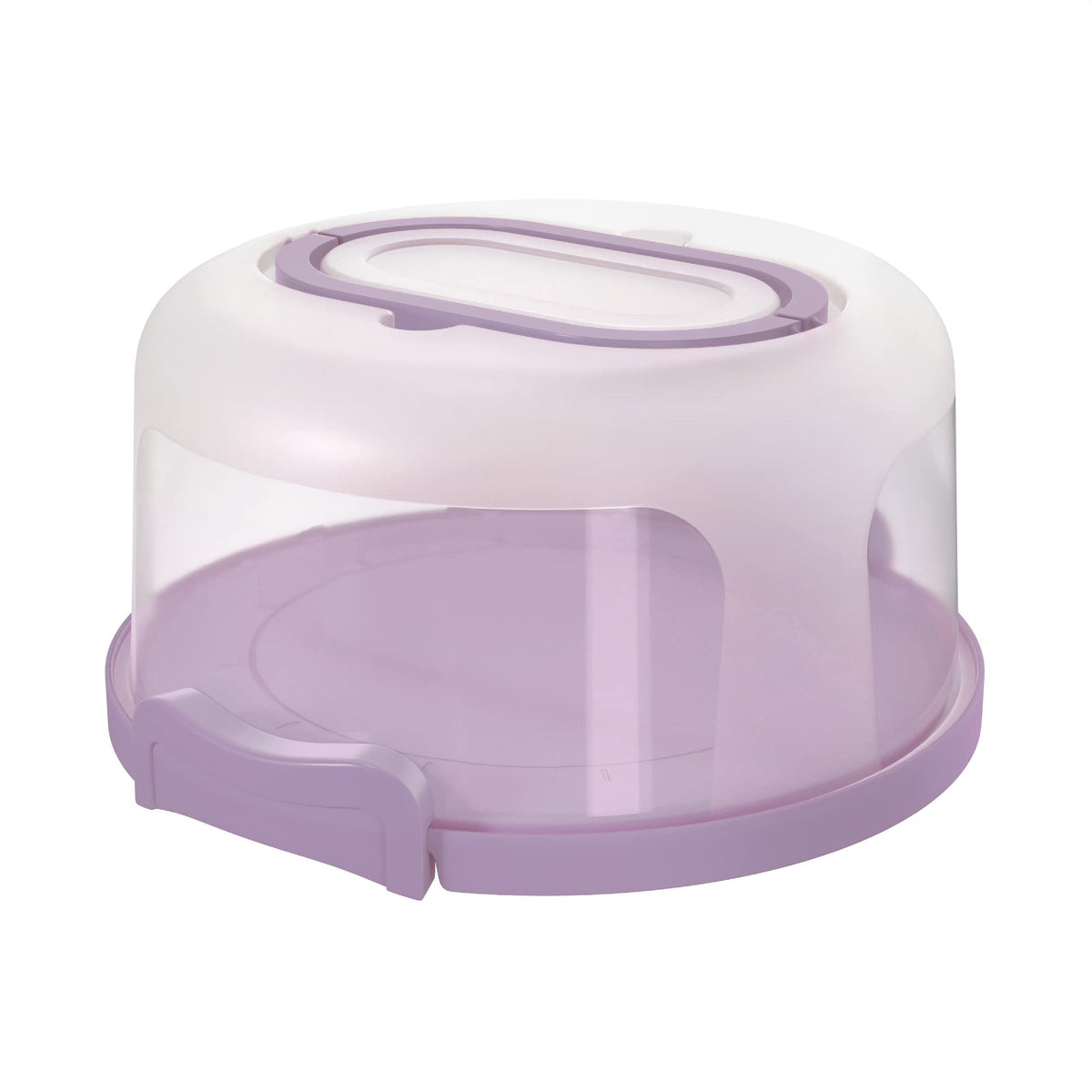 Top Shelf Elements round cake carrier with lid closed, keeping cake fresh during transport.