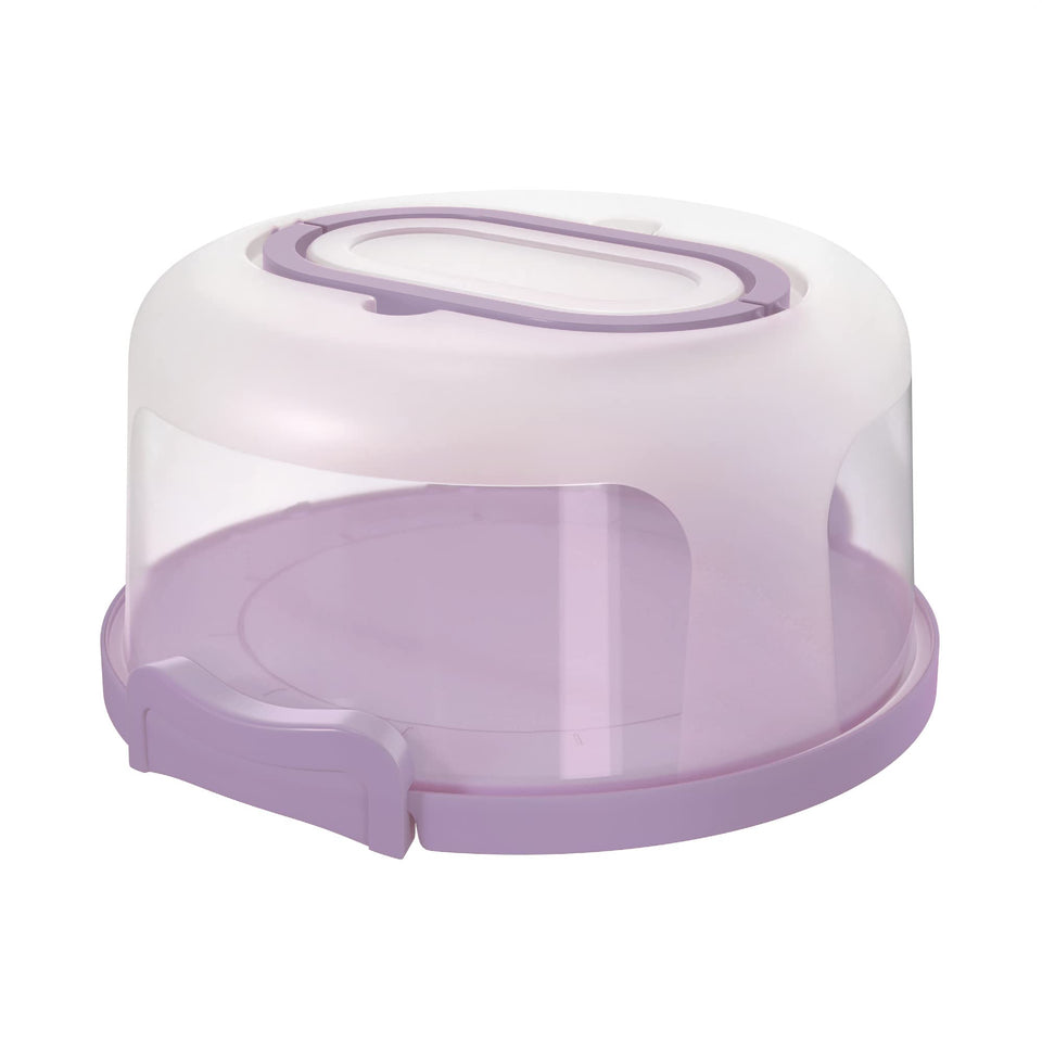 Top Shelf Elements round cake carrier with lid closed, keeping cake fresh during transport.