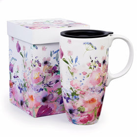 Topadorn ceramic travel mug with pink garden pattern keeps drinks stylish on the go.
