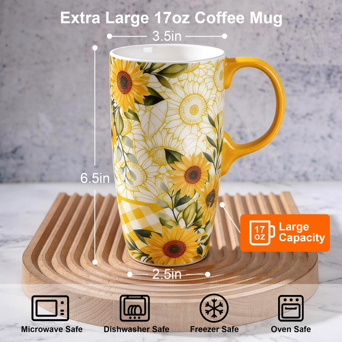 Topadorn sunflower ceramic mug microwave-safe for quick reheating at work.