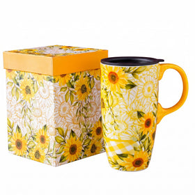 Topadorn sunflower ceramic travel mug with lid and handle for on-the-go coffee.