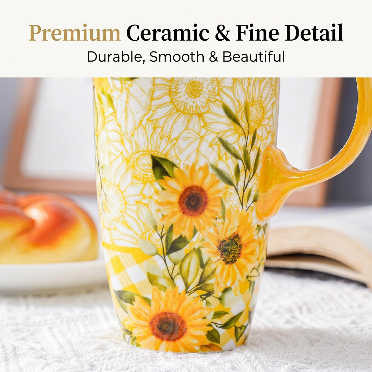 Topadorn sunflower pattern mug close-up showing fade-resistant design.